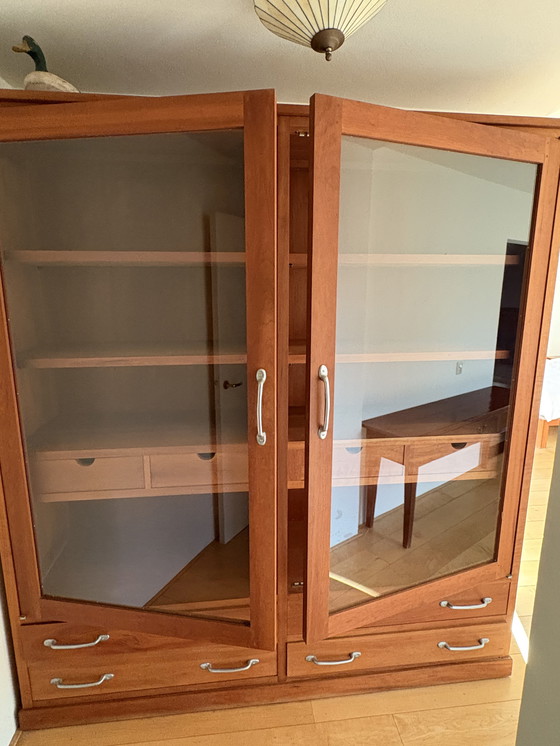 Image 1 of Elegant Cherry Display Cabinet with Drawers and Glass Doors