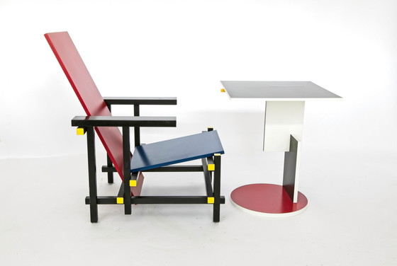 Image 1 of Red-blue chair (without proof) & Schroeder table by Gerrit Rietveld for Cassina, set of 2