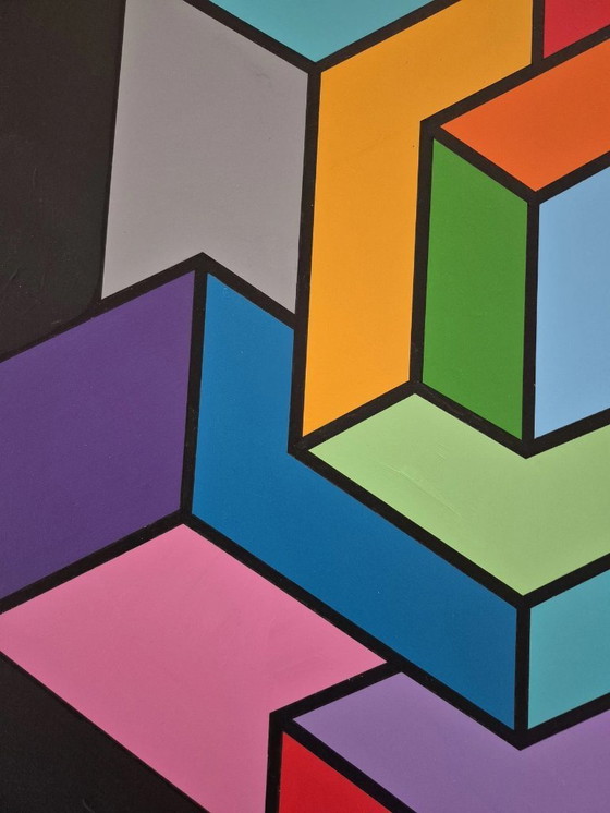 Image 1 of Geometrisch schilderij "Impossible Shape" – kleurrijk abstract kunstwerk op MDF (Franklin van Dam, 95x95 cm)