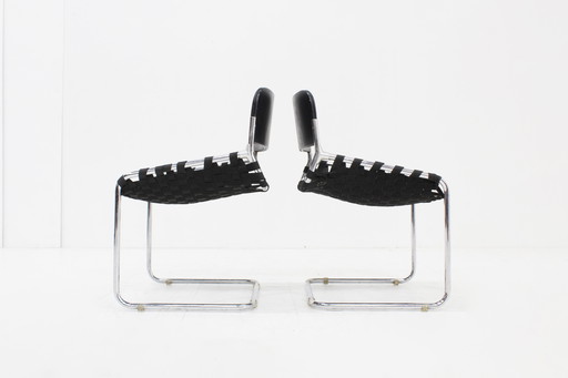 Sillas italianas vintage en cuero negro y cromo, años 70