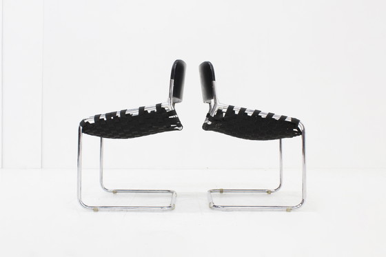 Image 1 of Vintage Italiaanse stoelen zwart leer en chroom, jaren 70