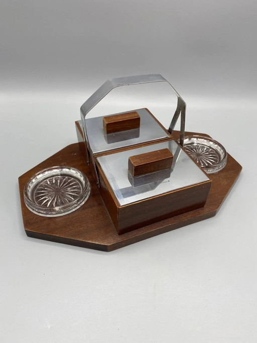 Art Deco Desk Set, Wood, Chromed Metal and Pressed Glass – decoratieve objecten