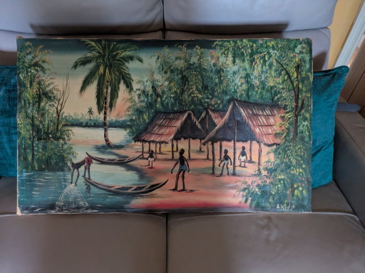 Vintage West African Village Oil Painting On Canvas 86cm x 52cm – schilderijen tekeningen, Wood