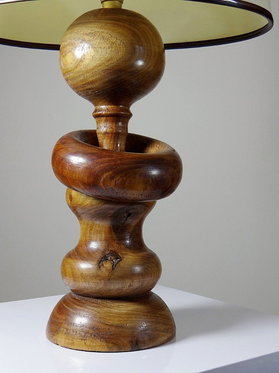 Image 1 of Imposante lampe style scandinave vintage designe bois tourné sculpté avec anneau