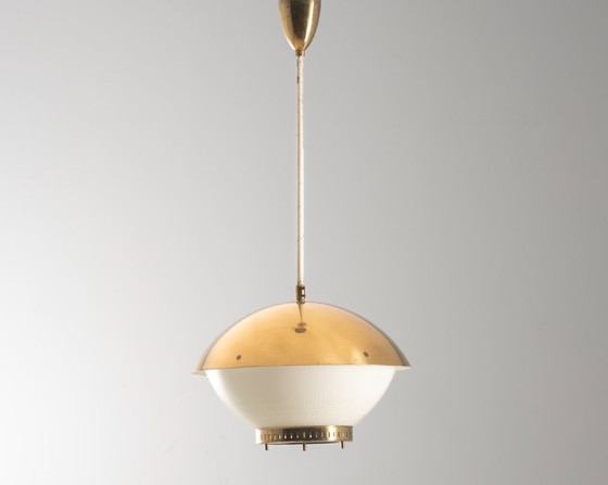 Image 1 of Large Brass Pendant with Engraved Opaline Glass