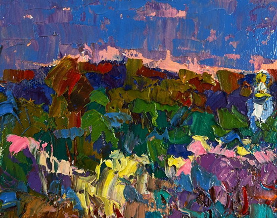 Image 1 of Original Oil Painting Evening Church Landscape Melody through the rural silence