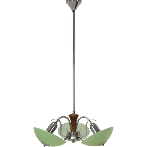 Vintage art deco glass and chrome chandelier, Czechoslovakia 1930