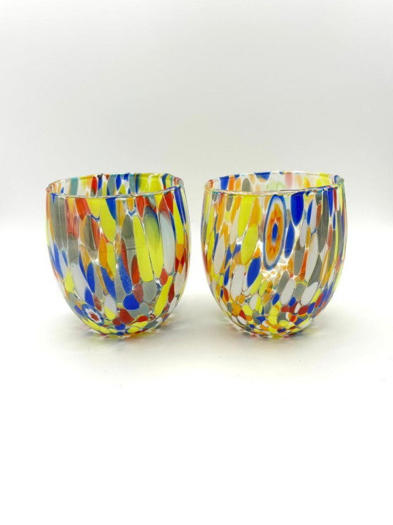 Image 1 of Set di 6 bicchieri in vetro soffiato veneziano con murrine Effetre Murano fuse nel vetro, hand made in italy.