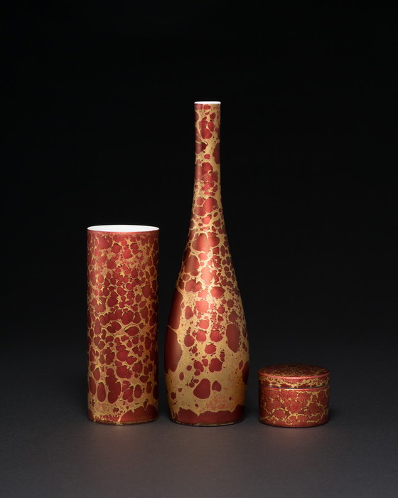 Image 1 of Rosenthal H. Drexler Vase Duo en porcelaine peinte à la main et boîte à couvercle Goldfeuer