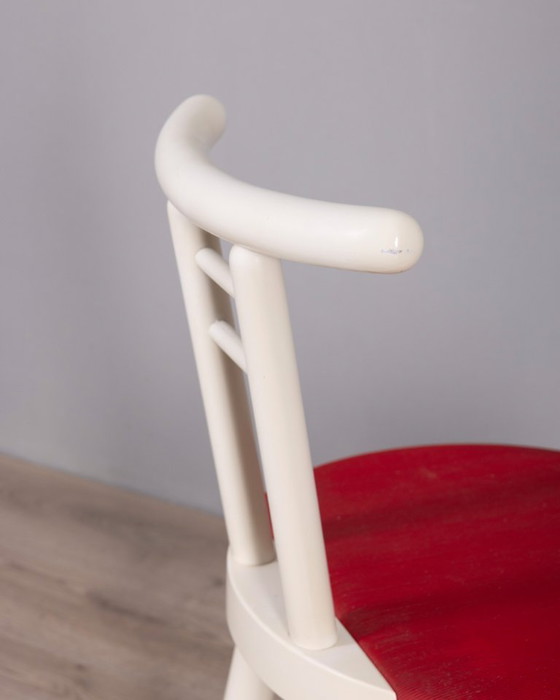 Image 1 of Set di 4 sedie vintage anni '80 in legno e vinile rosso, design italiano.