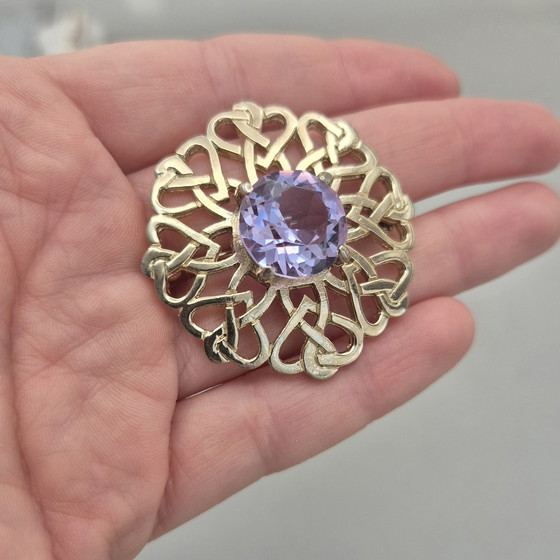Image 1 of Vintage JAF Scottish Celtic Knot Brooch Kilt Pin Gold Tone Violet Stone Signed