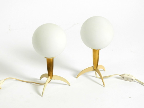 Image 1 of Two Mid-Century Modern rocket table lamps in brass and glass