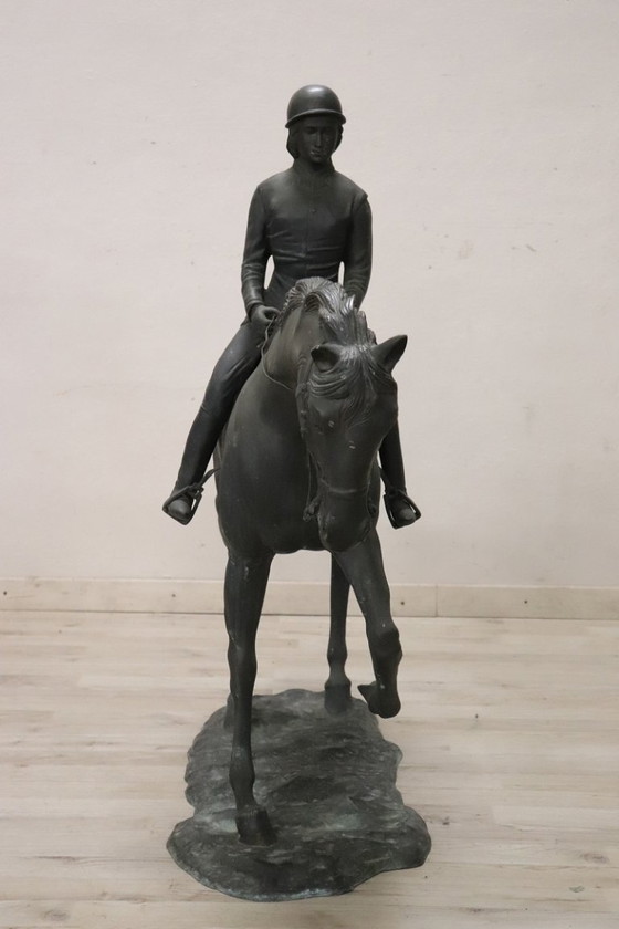Image 1 of Bronzeskulptur, signiert, Pferd mit Jockey, Höhe 103 cm