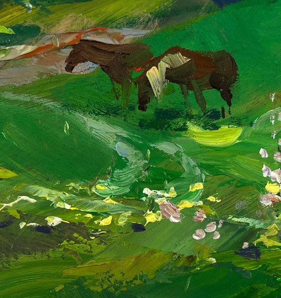 Image 1 of Original Oil Painting Summer Village Landscape Harmony of nature and human labor