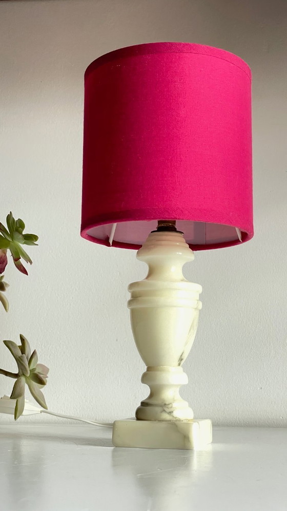 Image 1 of Vintage Marble and Fuchsia Fabric Lamp