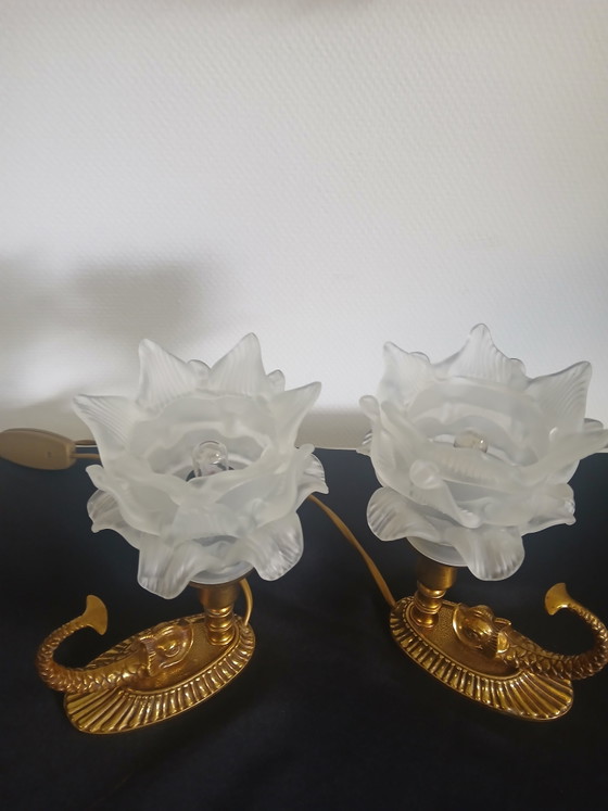 Image 1 of Pair of tulip-shaped dolphin lamps.