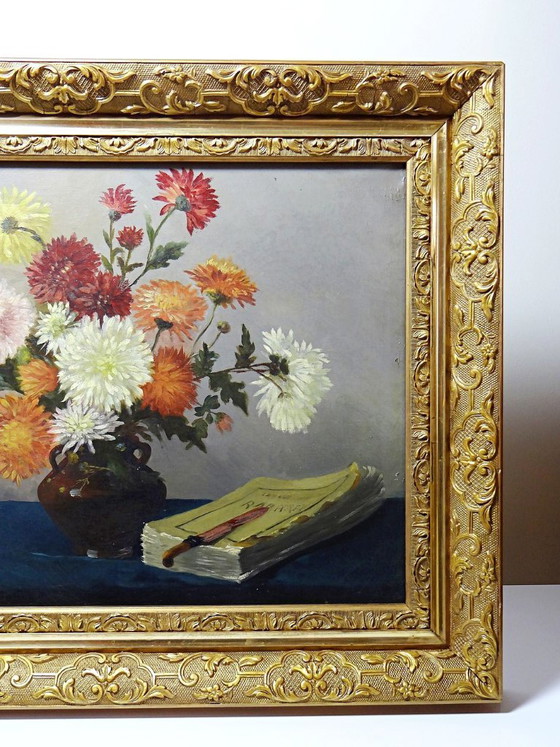 Image 1 of Oil painting on canvas, still life with chrysanthemums, signed L. Porte 1888