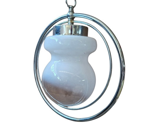 Image 1 of Vintage Space Age Chandelier – 1970s Design – Opal Glass and Chrome