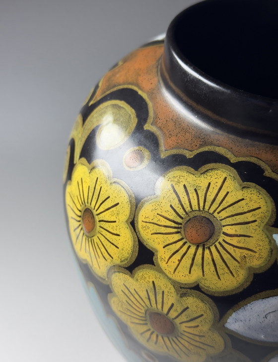 Image 1 of Royal Plateel Zuid-Holland “Lotea” Hand-Painted Lidded Vase
Gouda, The Netherlands, circa 1920s–1930s