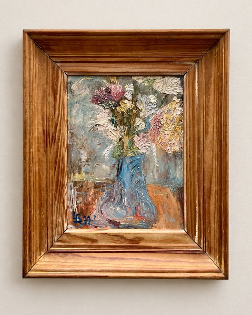 Pintura al óleo floral vintage con impasto – Firmado LB, 1977