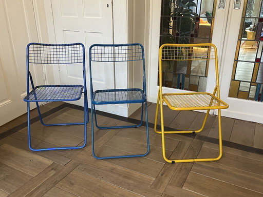 3x Vintage folding chair by Niels Gammelgaard, two shades of blue and yellow