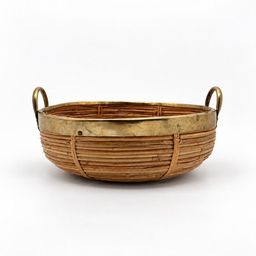 Italienischer Mid-Century Rattan- & Messingkorb / Schale, 1970er Jahre