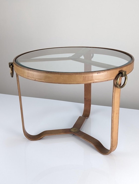 Image 1 of Jacques Adnet Style Brass And Stitched Leather Coffee Table