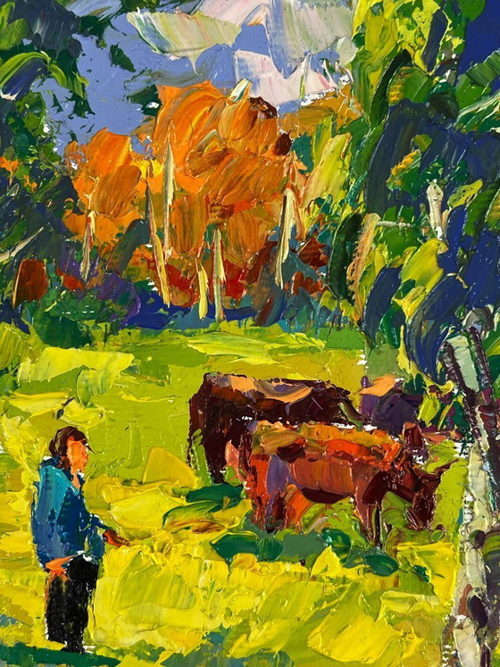 Image 1 of Original Oil Painting Nature Landscape Pasture Autumn Morning in the Meadows