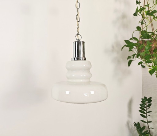 Vintage White Opaline Glass Pendant Light / 1970s Yugoslavian Mid Century Modern Hanging Lamp by EMI / Space Age Ceiling Light