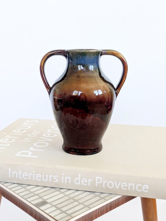 Image 1 of Anfora in ceramica vintage, smalto Fat Lava, decorazione da mensola in stile boho di metà secolo.