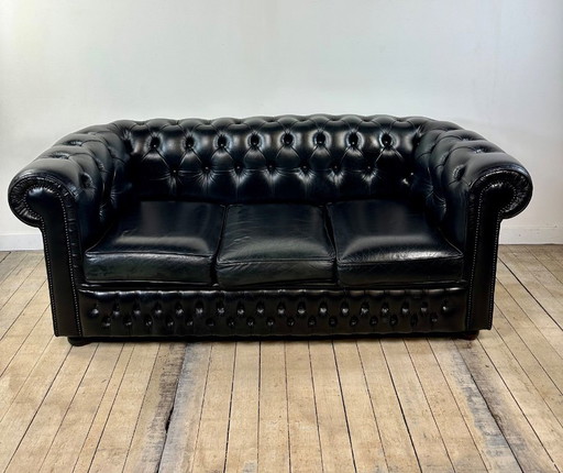Divano Chesterfield vintage anni '80 in pelle nera