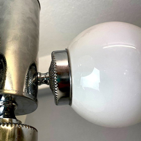 Space Age Chandelier in Chromed Metal with 4 White Opaline Glass Globes, 170s (photo 8 of 12)