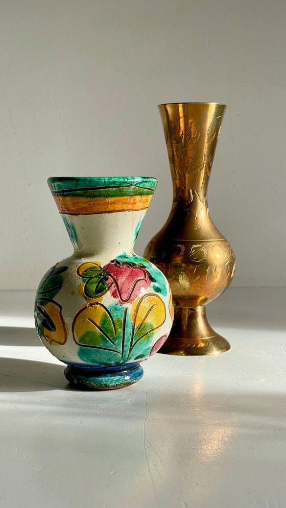 Image 1 of Vintage Handcrafted Ceramic and Brass Vases