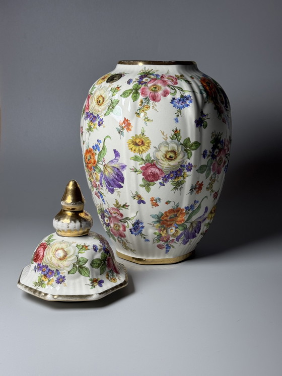 Image 1 of Pot à couvercle Boch Frères La Louvière Keralux – Motif floral « Bouquet de Saxe » – Art déco belge, années 1930/1940