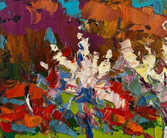 Image 1 of Original Oil Painting Colorful Forest Landscape Flowering trees in the garden