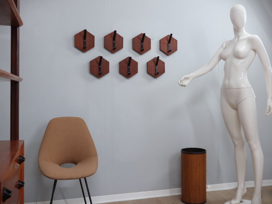 Image 1 of Set of 7 Vintage Teak Wall Hooks 1950s Modular Hexagonal Design