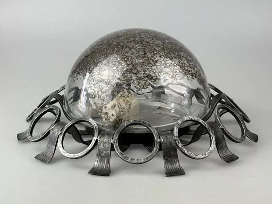 Image 1 of 60s 70s Brutalistische wandlamp of plafondlamp van ijzer & glas design