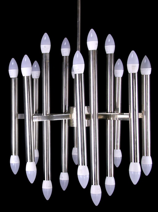 Gaetano Sciolari Modern Chrome Twenty Four Lights Chandelier, Mid 20Th Century Italy