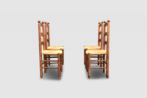 Rustic Oak And Wicker Dining Chair Georges Robert France 1960S, Set Of 4