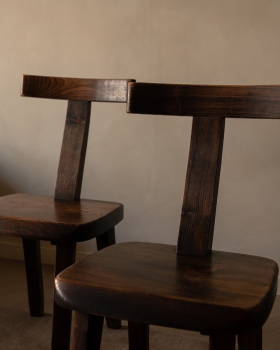 Image 1 of Set of 3 Vintage “T” Dining Chairs by Aranjou, France (c.1960s) – Stained Elm, Brutalist Sculptural