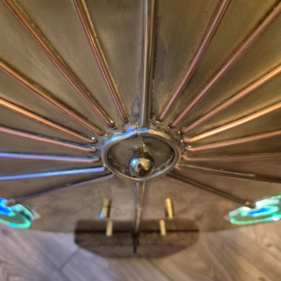 Image 1 of Artful light object brass and oak, Netherlands 1970s