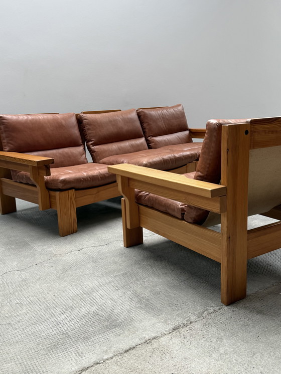 Image 1 of MODULAIRE STOEL SOFA SER PIEF HOUT MASSIEF COGNAC LEATHER IN KARIN MOBRING STIJL, SCANDINAVIA 1970