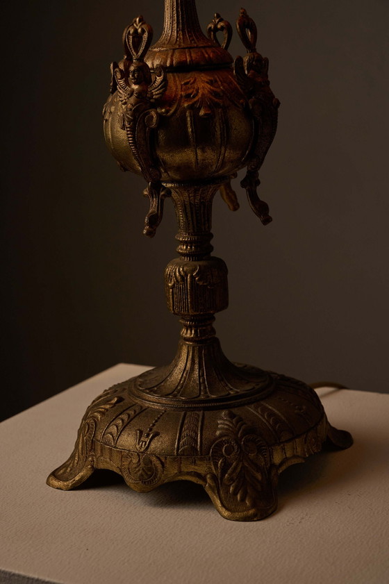 Cast Brass Table Lamp with Stitched Parchment Shade, Leather, Rustic (photo 4 of 5)