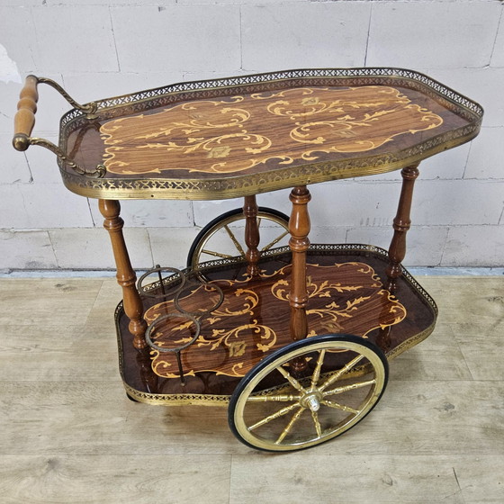 Vintage Italian Bar Cart (inlay work) romantic, Brass, Wood, Brown (photo 2 of 15)