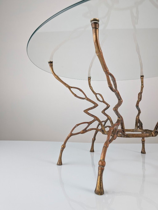 Zigzag Bronze Faux Bamboo Hollywood Regency Coffee Table, 1960s