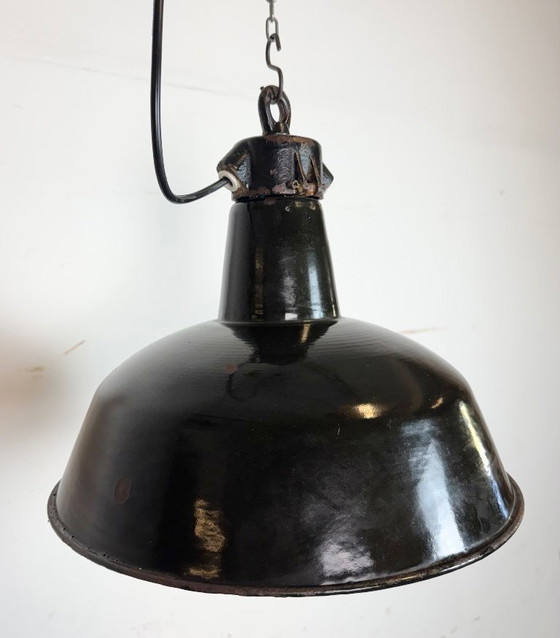 Image 1 of Industrial Black Enamel Factory Lamp with Cast Iron Top, 1950s