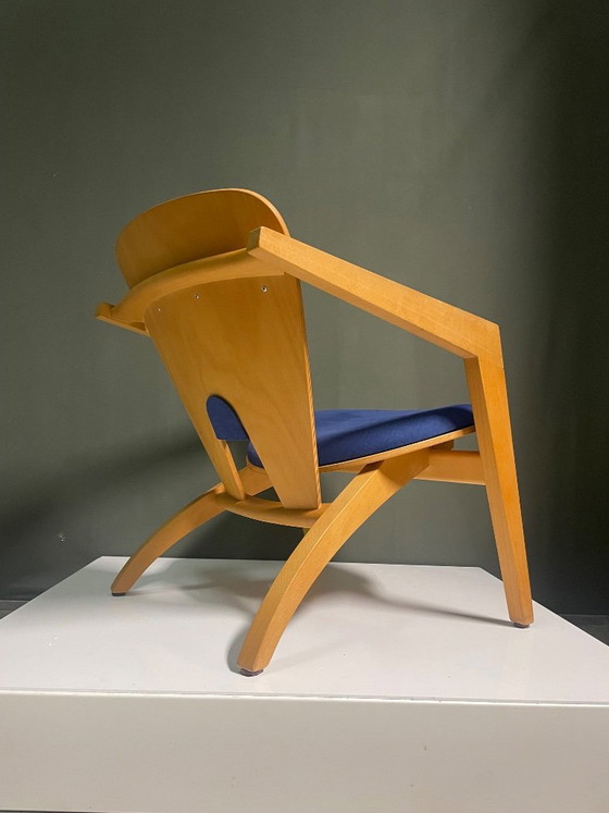 Fauteuil Getama, conçu par Hans J. Wegner, bois et textile bleu, Scandinavian (photo 9 sur 10)