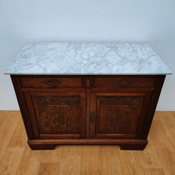 Image 1 of Vintage Antiek dressoir commode ladekast badkamermeubel met marmer blad