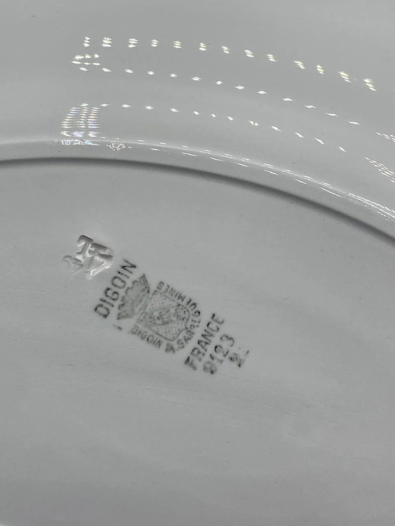 Digoin Sarreguemines Oval Faience Serving Platter, Scattered Polychrome Roses, Ombré Blue Bands (photo 3 of 4)