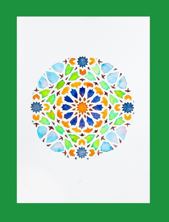 Image 1 of Acuarela original azulejo mozárabe. Cuadro azulejo árabe. Pintura geométrica. Acuarela con motivo geométrico. Nueva.